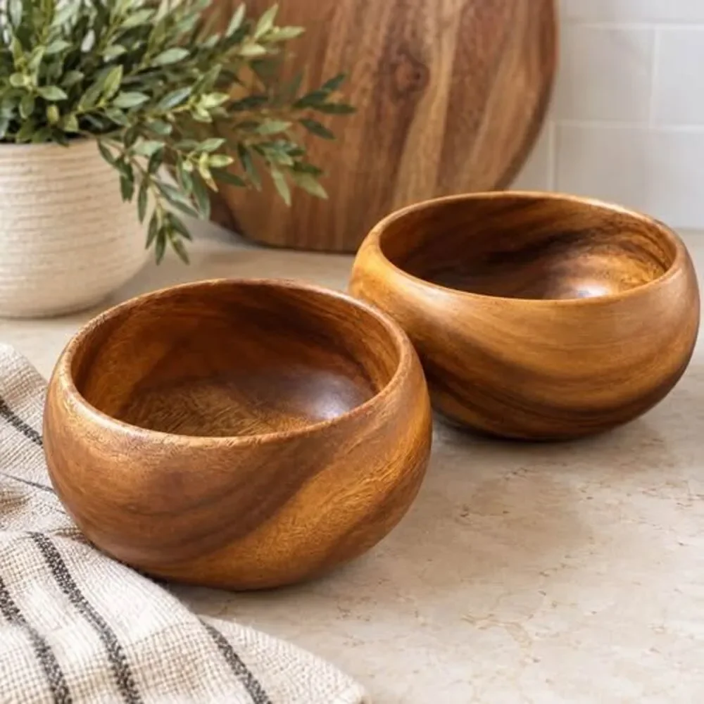 Pacific Merchants Acaciaware Solid Acacia Wood Calabash Bowls – Set of 2